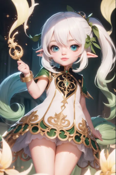 Cute elf with white hair and green locks with the best quality best effects best shadows best lighting 8k ultra HD super realistic