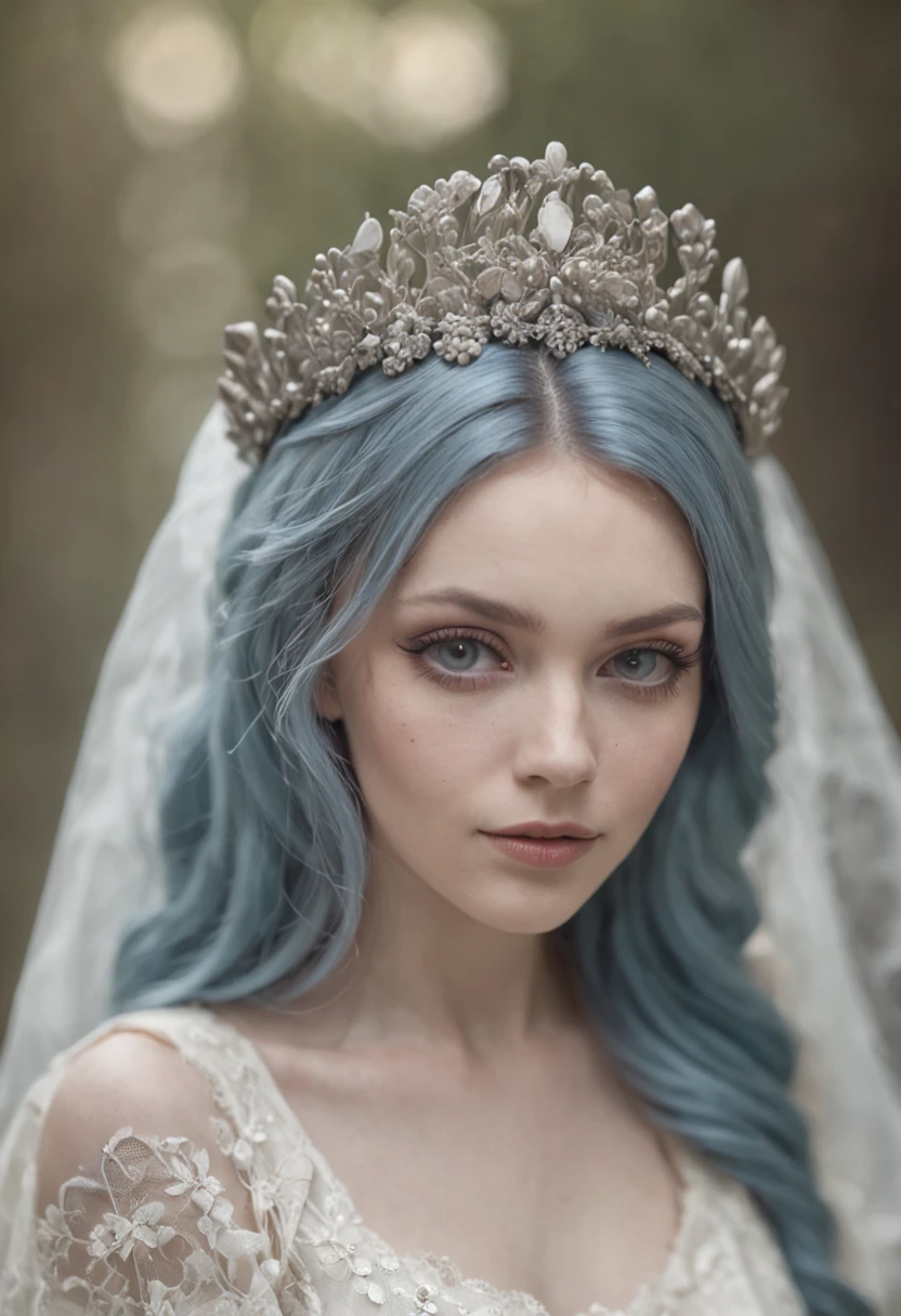 A woman with blue hair wearing a tiable and a veil - SeaArt AI