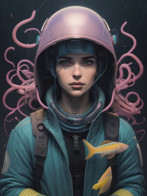 um close up de uma pessoa usando um capacete e segurando um peixe, greg beeple, yuri shwedoff e tom bagshaw, beeple e jeremias k...