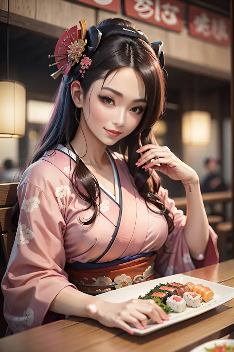 a beautiful cyberpunk geisha, with flowing hair, full lips, full breasts, wearing a pink and white kimono, sitting at a table in...