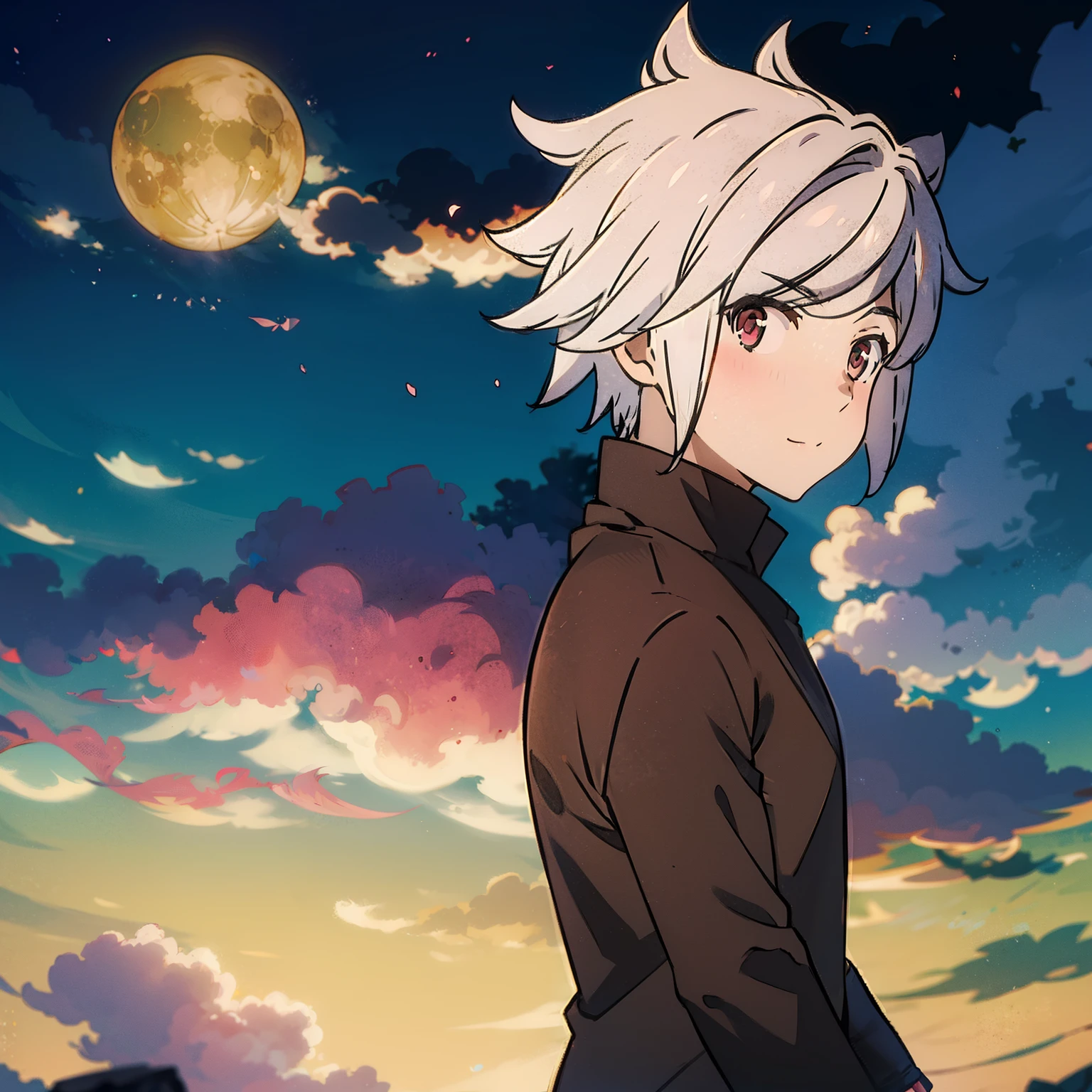 Anime-Junge, 1 Junge, weißes Haar, rote Augen, machen, Nachthintergrund, Zauberstab, schwere Rüstung