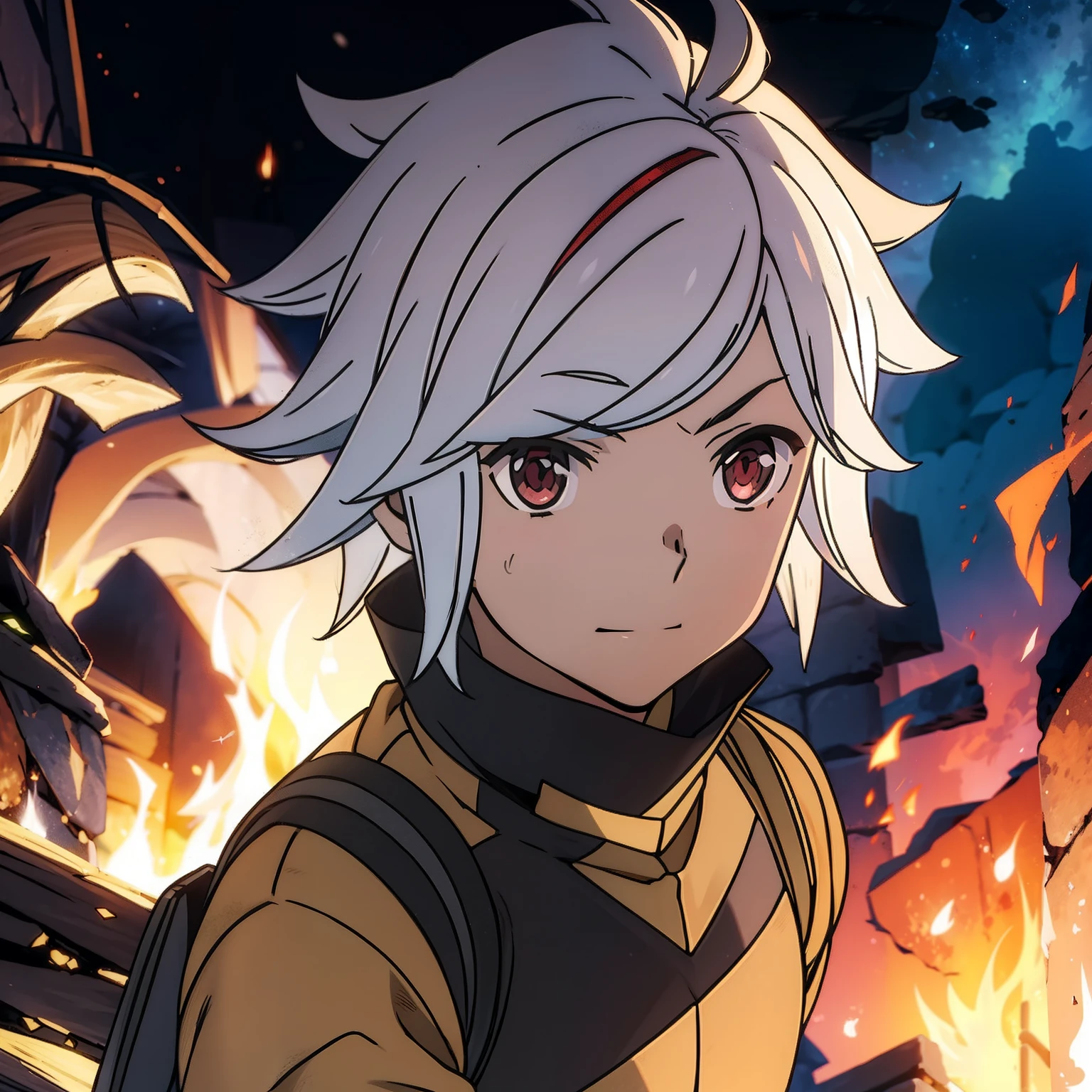 Boy Anime, 1 boy, white  hair, Eyes red, fire sword, night background, magic staff, heavy armor, lightning strikes