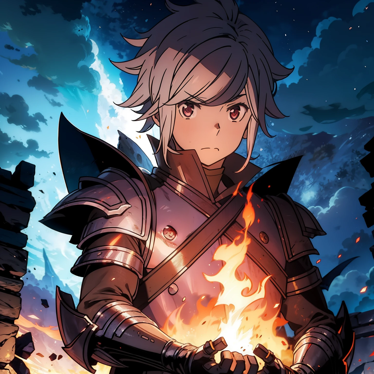 menino anime, 1 garoto, cabelos brancos, olhos vermelhos, Fire sword in hands, fundo de noite, cajado de magia, armadura pesada, rays falling from the sky, heavy armor under the neck