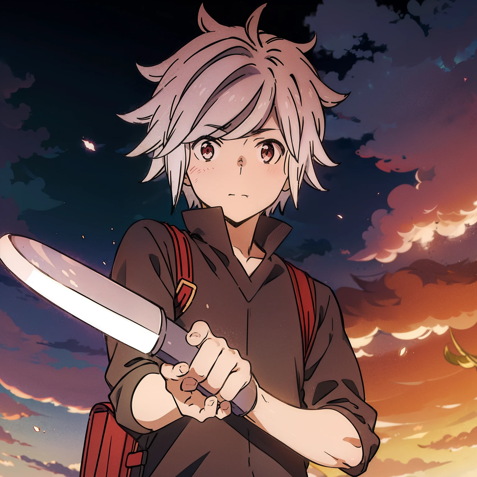 Boy Anime, 1st grade, bell crane, white  hair, Eyes red, knife, pink clothes