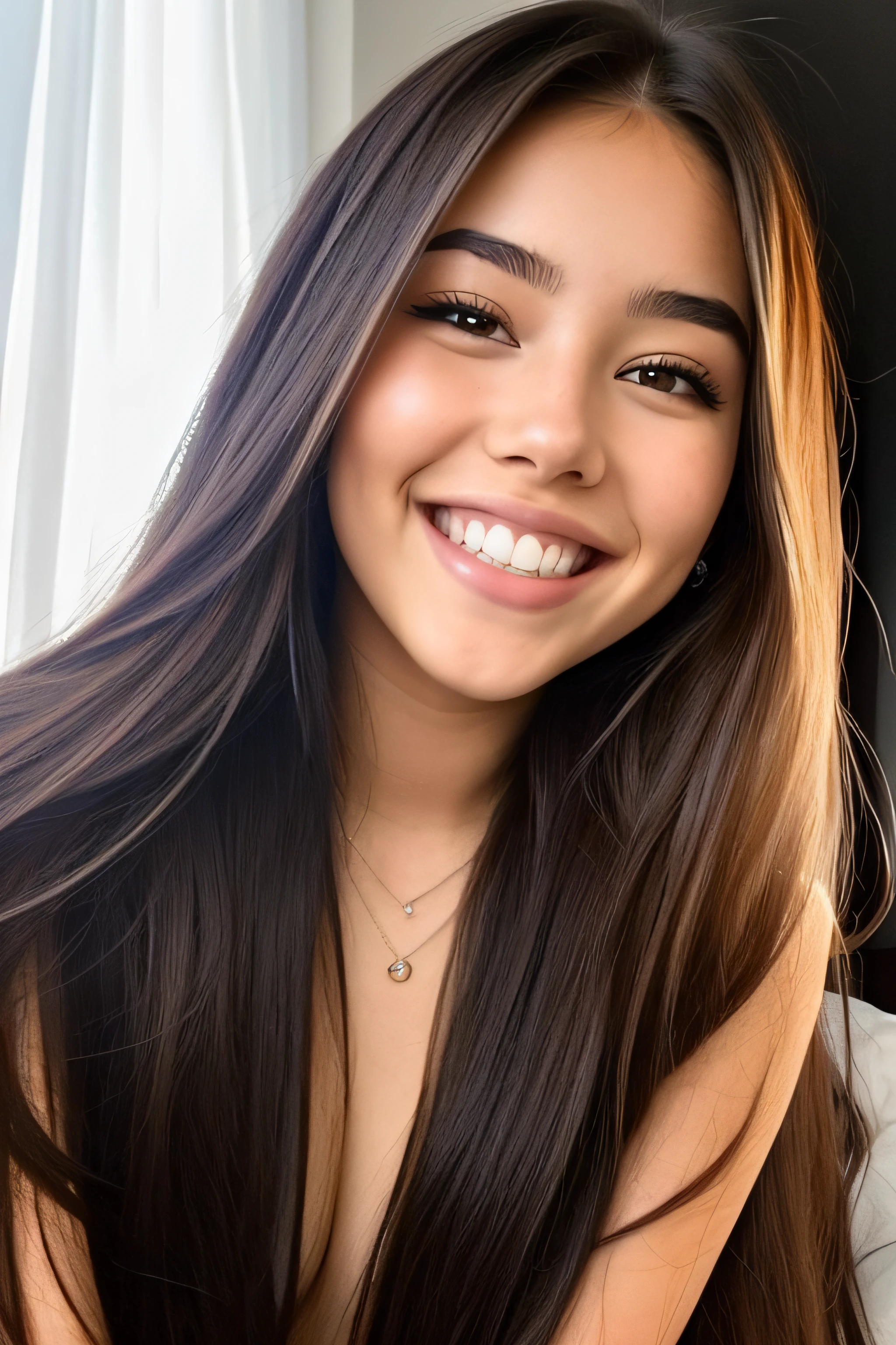 A close up of a woman with long brown hair smiling - SeaArt AI