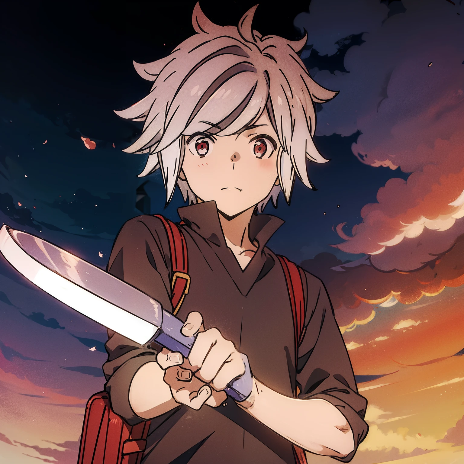 Boy Anime, 1st grade, bell crane, white  hair, Eyes red, knife, pink clothes