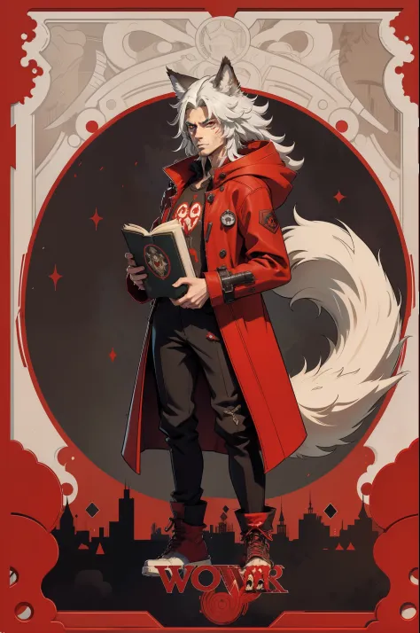 solo person，Shaggy, Furry male wolf,  Wear a red coat，Hair grows all over the body，No shoes，Anthropomorphic cyberpunk-style werewolf character，Holding a golden book，Red pupils，long tail，Big wolf ears