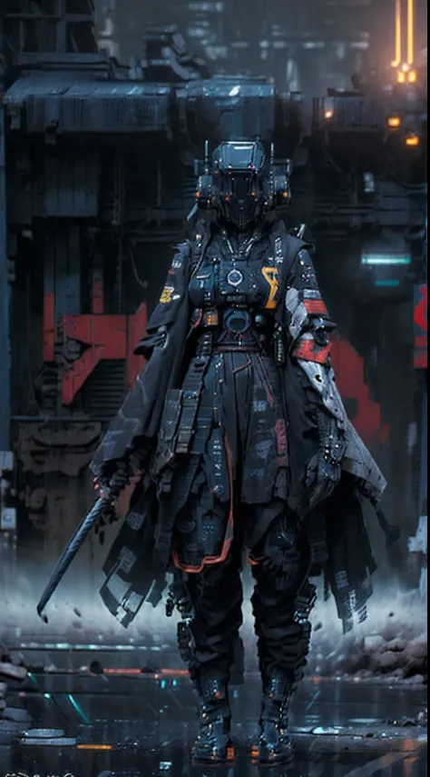 (((Best quality))), ((masterpiece)) full body, young female Japanese femme fatale cyborg assassin, (((holding two katanas))) with a black glossy futuristic mask, dark grey metal body armour, wearing by a (((traditional black kimono embroidered in gold and ...