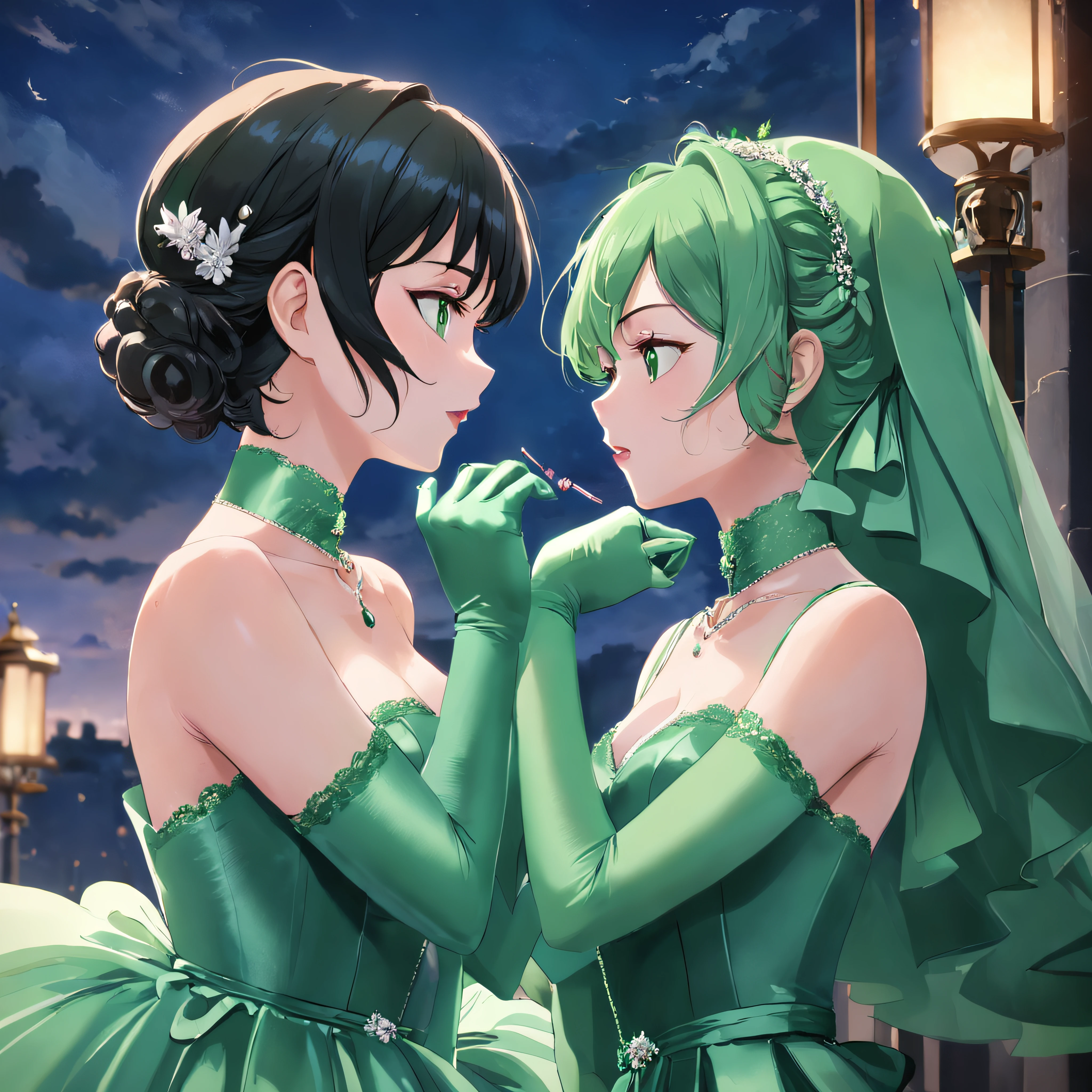 Pareja anime con vestido de novia verde con velo y tiable. - SeaArt AI