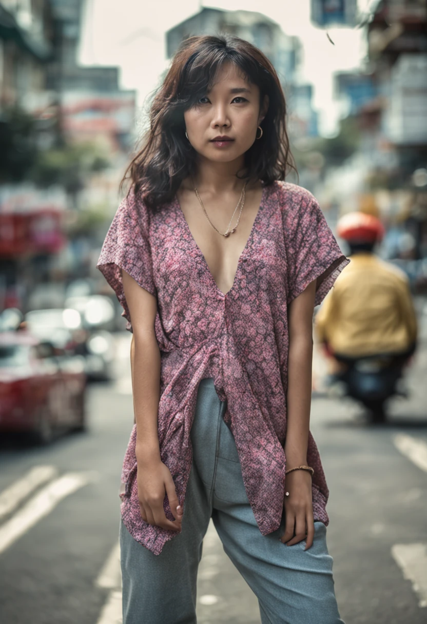 A woman standing on a city street with a pink top - SeaArt AI