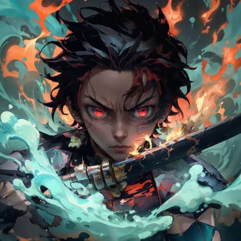 anime character with a sword in front of a fire and water background, cute guy in the art demon slayer, demon slayer art style, ...