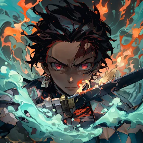 anime character with a sword in front of a fire and water background, cute guy in the art Demon Slayer, Demon Slayer art style, ...