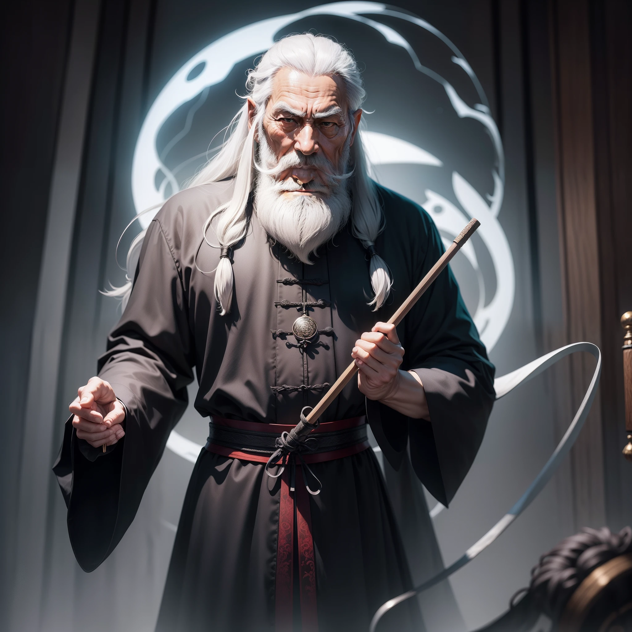 ​masterpiece、Magic Taoist、A old man、Long grey hair、long beard、Black attire、holding an cane、