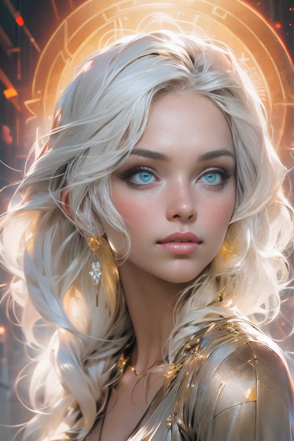 (masterpiece), (best quality), 8k resolution, 1girl, beautiful girl, stunning beauty, mature female, 30yo, white hair, glowing golden eyes, cool, portrait, minimalism, goddess, Greek goddess