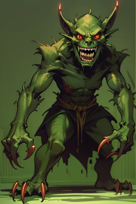 "A menacing goblin lurking in the shadows, with glowing red eyes, sharp claws, and a wicked grin."