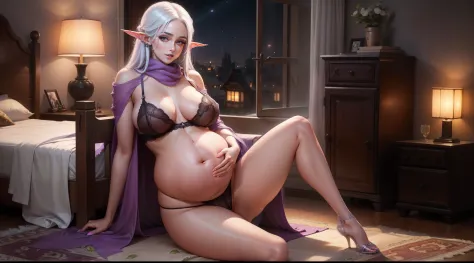 Pokémon Lulina，full bodyesbian，Drow Elves，Customs，(White hair)，Black skin，pointy ears，Delicate face，Pink love pupils，Purple face towel，Happy expression，Large areola，Nipple rings，Lace lingerie big breasts，Purple transparent cloak，revealing her belly，Enchant...