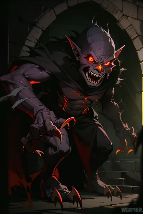"A menacing goblin lurking in the shadows, with glowing red eyes, sharp claws, and a wicked grin."