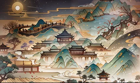 An ancient Chinese painting, ancient Chinese background, mountains, rivers, auspicious clouds, pavilions, sunshine, masterpieces...