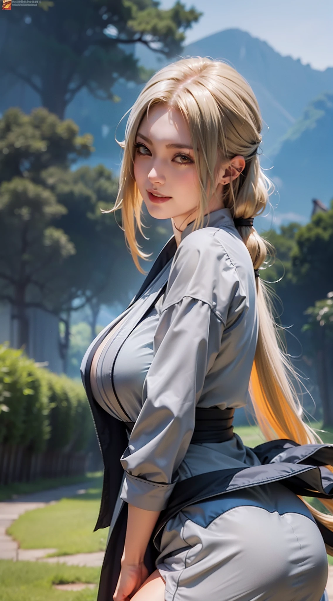 1girl, tsunade in anime naruto, long hair, yellow hair, yellow eyes, smile, beautiful, sexy dress, sexy clothes, grey clothes, very big breast, realistic clothes, detail clothes, outdoor background, ultra detail, realistic