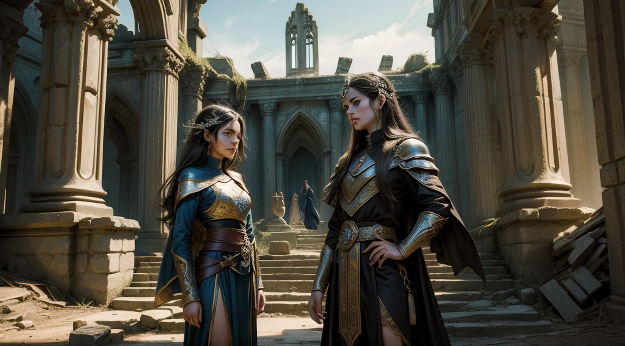 Two women in armor standing in front of a building - SeaArt AI