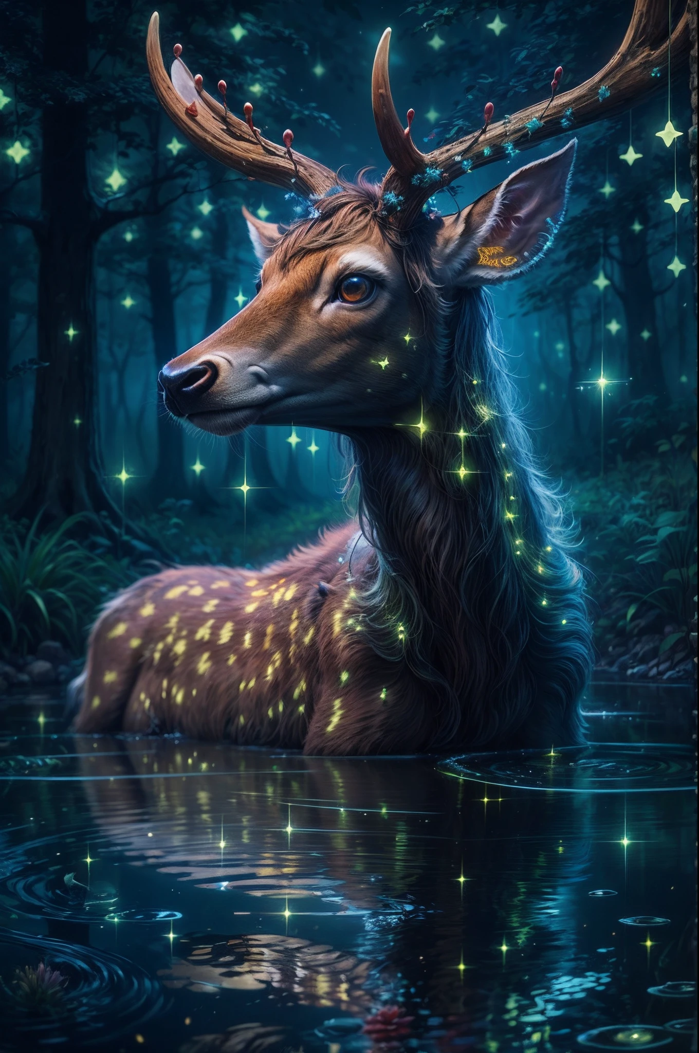 Hyper-realistic style of Jean-Baptise Mongue, a BioLuminiscent deer in the midle, clear waterhole, reflection, micro fireflies, dark night, forest juggle, very low light, whimsical,  fantasical, etheral, beauty, dreamy, high_res