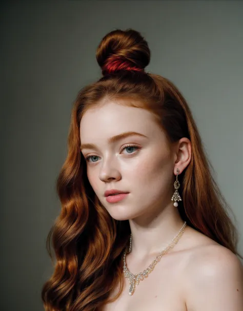 full-length shot of Sadie Sink, in lingerie, stockings, turning sideways, red ginger matted hair tied up in a bun, wearing pearl...