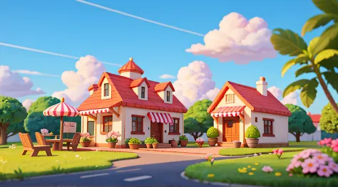 （Miniature cityscape），（isometry：1），cartoonish style，（sandbox game style），（white backgrounid），best qualtiy，Florist，Glass flower house，Cafe，fresh flowers，Dinner table，chair，lamplight，Clear sky，exteriors，landscape，Clouds，sky，sign，Road，Grass，Plants in pots，Str...