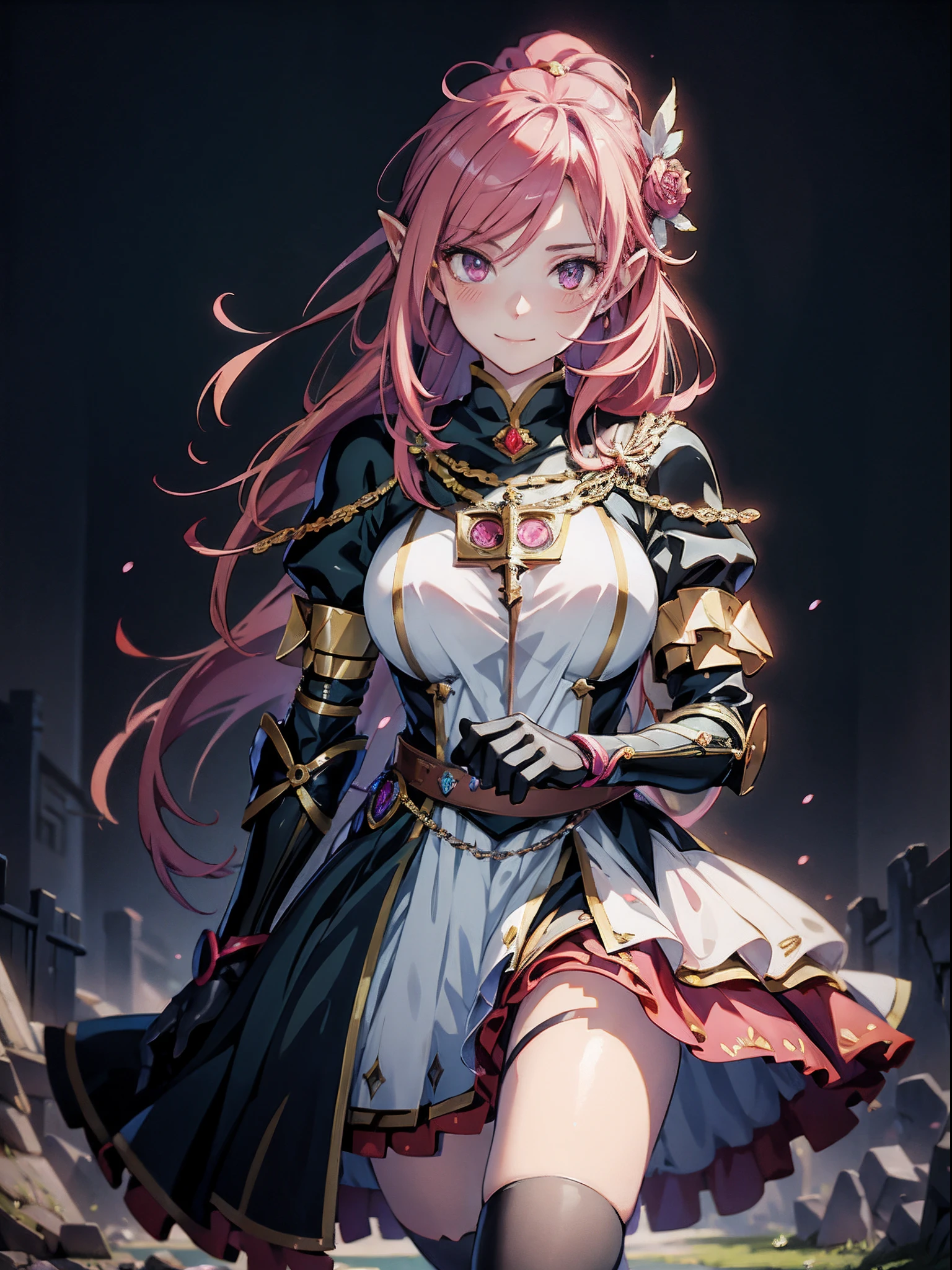 1 girl anime in a dress and hands wearing gloves, pink hair, cushart krenz key art feminine, portrait knights of zodiac girl, detailed key anime art, high detailed official artwork, detailed digital anime art, trending on artstation pixiv, 2. 5 d cgi anime fantasy artwork, detailed anime character art, alluring elf princess knight, astri lohne, smile, Full body