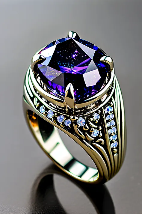 ((Masterpiece)), ((highest  quality)), ((Nothing but the ring))，(No Human),The ring is set with a phoenix，starrysky，Wrapped around the end from beginning to end，Delicate silver ring，Starry sky in the ring,The sheen，inverted image，Sparkling blue-purple gems...