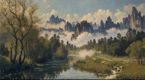 analogue style，ChromaV5，nvinkpunk，（非常A detailed的 CG 统一 8k 壁纸），Majestic river，Trees on both sides，small waterfalls，dense fog，awar...