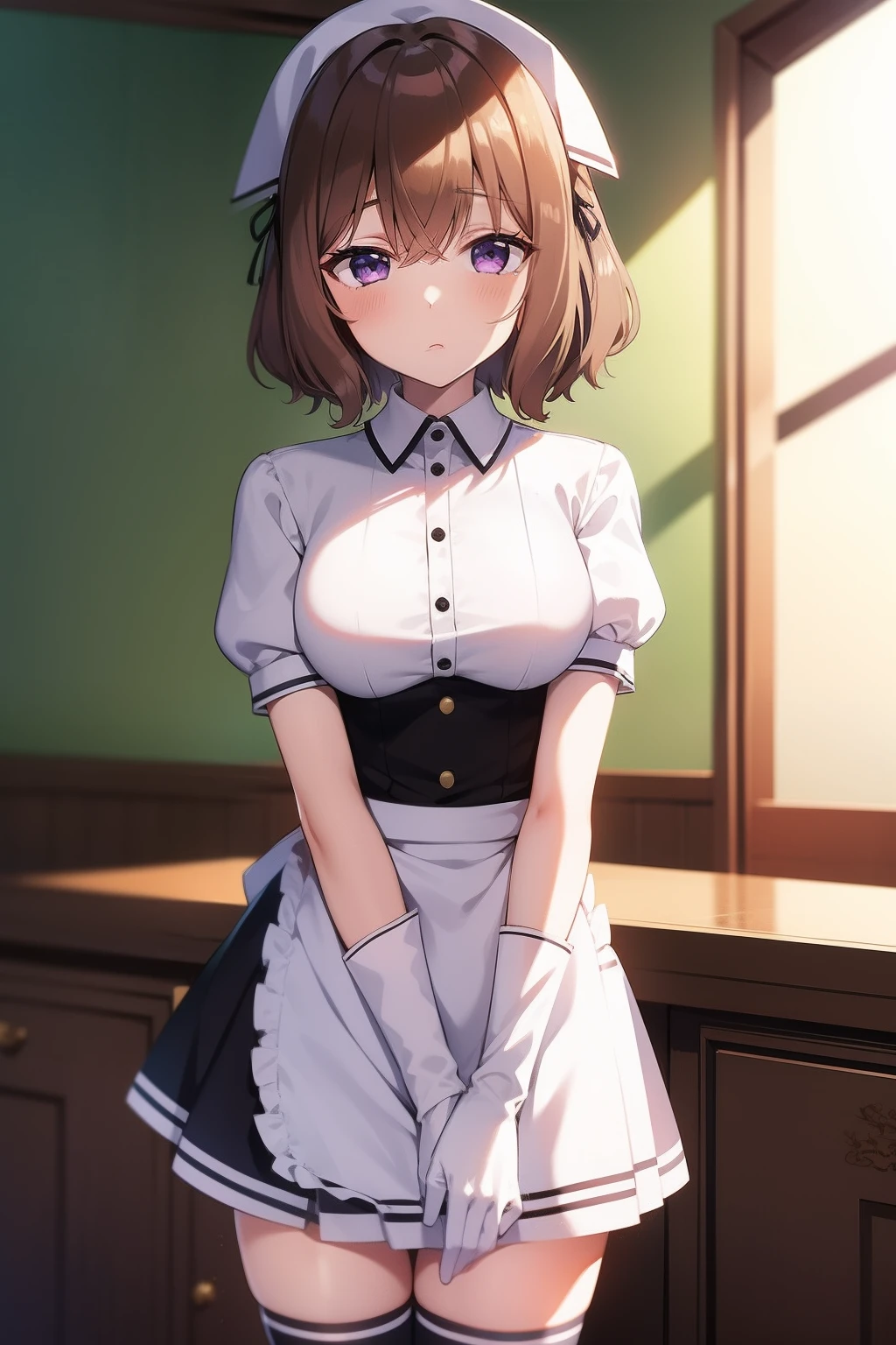 1girl, blend_s, blush, brown_hair, chair, commentary_request, dutch_angle, gloves, hair_tie, highres, hoshikawa_mafuyu, indoors, koyuki_(azumaya999), looking_at_viewer, purple_eyes, short_hair, solo, standing, stile_uniform, table, v, waitress, white_gloves