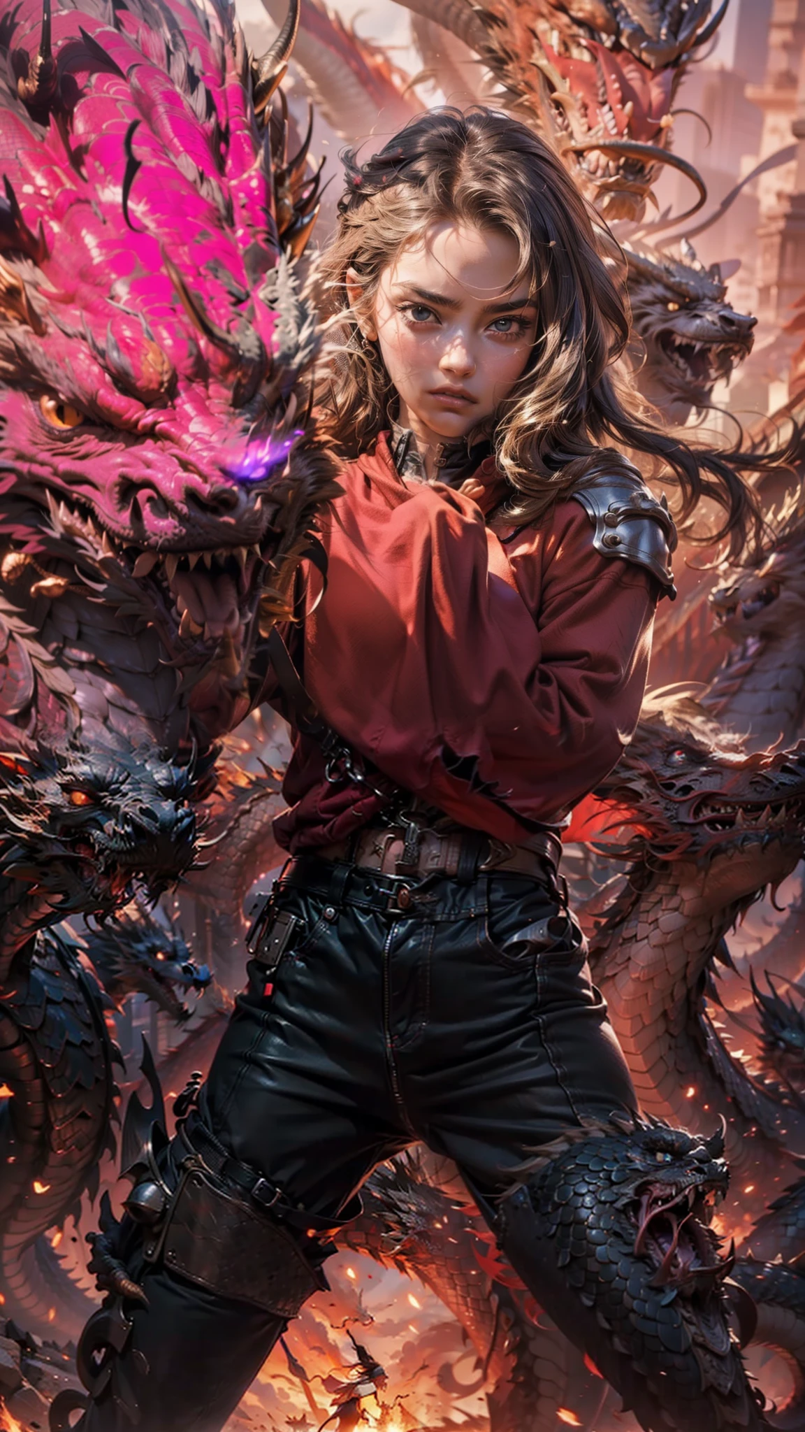 (maximum resolution: 1.2), (Ultra HDTV: 1.2), 8K resolution, Eye and skin detail, detailed facial features, , ( Sharp focus: 1.2）, (Focus focus) exact) facial expression: 1.2), Girl standing, On dragons, Pajamas, (long hair), Black hair , Sky, Good luck, Dragons