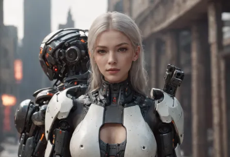 (Best Quality)), ((Masterpiece), (Very Detailed: 1.3), 3D, Shitu-mecha, Beautiful cyberpunk woman with her mech in the ruins of a city in the forgotten war, Ancient technology, HDR (High Dynamic Range), ray tracing, NVIDIA RTX, Super Resolution, Unreal 5, ...