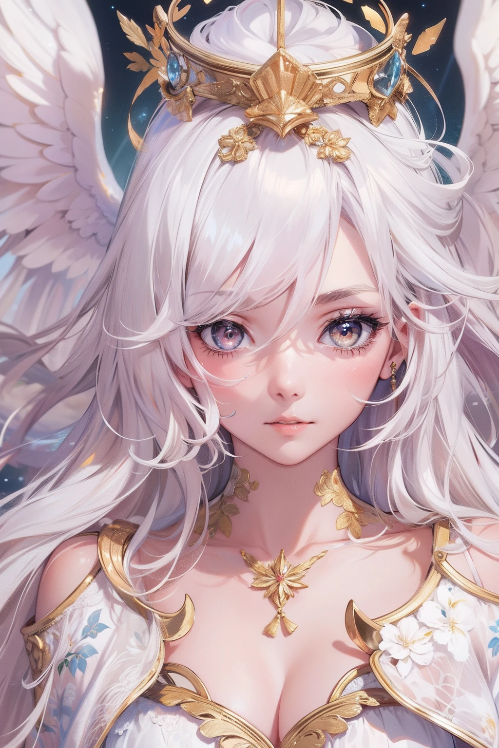 Masterpiece, Best quality, Ultra-detailed, illustration, Close-up, straight on, Face focus, 1girll, White hair, Golden eyes, Long hair, Halo, Angel wings, Serene expression, view the viewer, moderate breast:0.9, cleavage:1.2, Blushing,