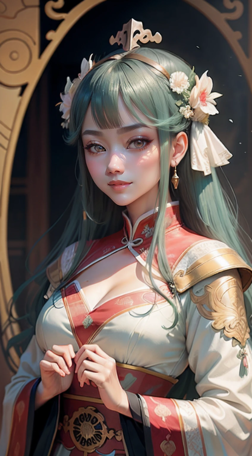 high high quality，tmasterpiece，tmasterpiece，Delicate facial features，Delicate hair，Delicate eyes，Delicate colored hair，4k画质，Brilliant light and shadow，Dingdall effect，Halo，Messy hair，Young state，Gorgeous scene，Beautifully dressed，锁链，Dotted emerald headdress，Ancient Chinese beauties with big eyes are very detailed，digitial painting，art  stations，concept-art，Clear focus，illustratio，The art of Greg Rutkowski and Alphonse Mucha and Victo Ngai，A woman dressed in Qing Dynasty court costumes，Smile lips，ssmile