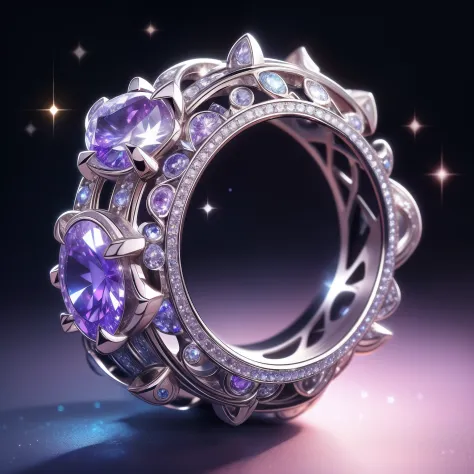 Masterpiece，highest  quality，(Nothing but the ring)，(No Man),Phoenix ring setting，starrysky，Wrapped around the end from beginning to end，Delicate silver ring，Starry sky in the ring,The sheen，inverted image，Sparkling blue-purple gemstones，Elegant and noble,...