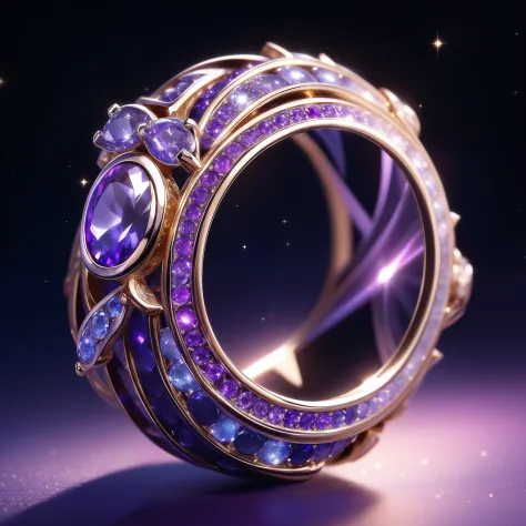 Masterpiece，highest  quality，(Nothing but the ring)，(No Man),Phoenix ring setting，starrysky，Wrapped around the end from beginning to end，Delicate silver ring，Starry sky in the ring,The sheen，inverted image，Sparkling blue-purple gemstones，Elegant and noble,...