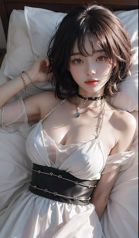 (natta)、((top-quality、​masterpiece:1.3))、sharp:1.2、Perfect Body Beauty:1.4、(Pure white dress:1.3)、(nighttime scene:1.2)、(chains:1.3)、Highly detailed facial and skin texture、Detailed eye、二重まぶた、((Bob Hair))、big eye、Necklaces、bangss、((One Woman))、Black eyes、A...