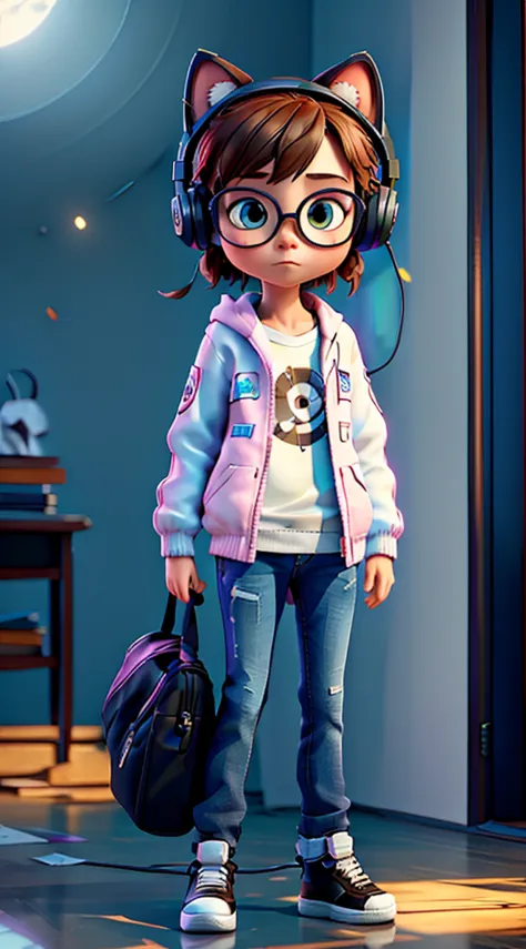 Perfect centering, A cute kitten all over, Wear a student jacket, Wearing sunglasses, Wearing headphones, Standing position, Abstract beauty, Centered, Looking at the camera, Facing the camera, nearing perfection, Dynamic, Moonlight, Highly detailed, Digit...