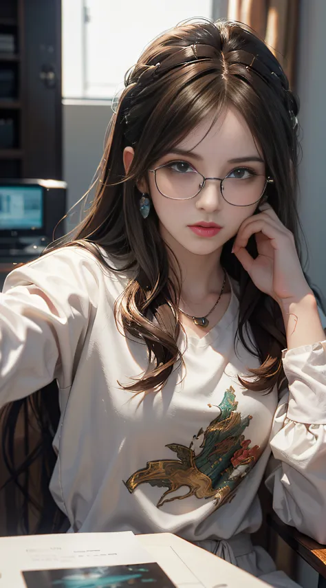 White girl with brown hair and white glasses, author：Alejandro Bourdicio(extremely detailed CG unity 16k wallpaper:1.1), (Denoising strength: 1.45), (tmasterpiece:1.37), (colorful:1.2)