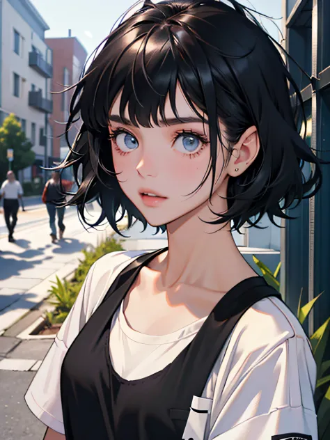 15-year-old girl : 1.3, Short black hair: 1.2, Casual wear: 1.2, Daytime: 1.2, on the campus: 1.2, cinmatic lighting, surrealism, hyper HD, ccurate, Super detail, Textured skin, High detail, Best quality, 8K