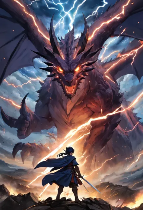 /imagine prompt: Epic fantasy battles across vast open plains, The army of mythical creatures and warriors is against each other, Wielding fantastic weapons, A storm brewing in the dark sky, Lightning strikes the ground, Fly over the dragon above, Grandeur...