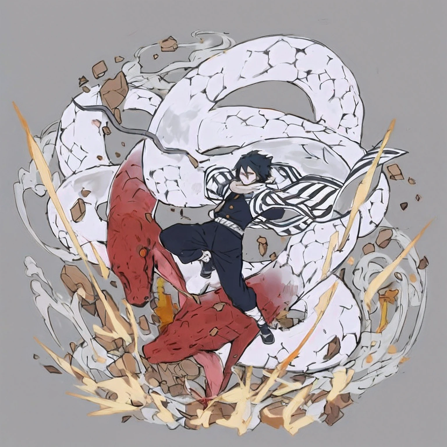 Anime characters fighting with a giant snake in a room - SeaArt AI