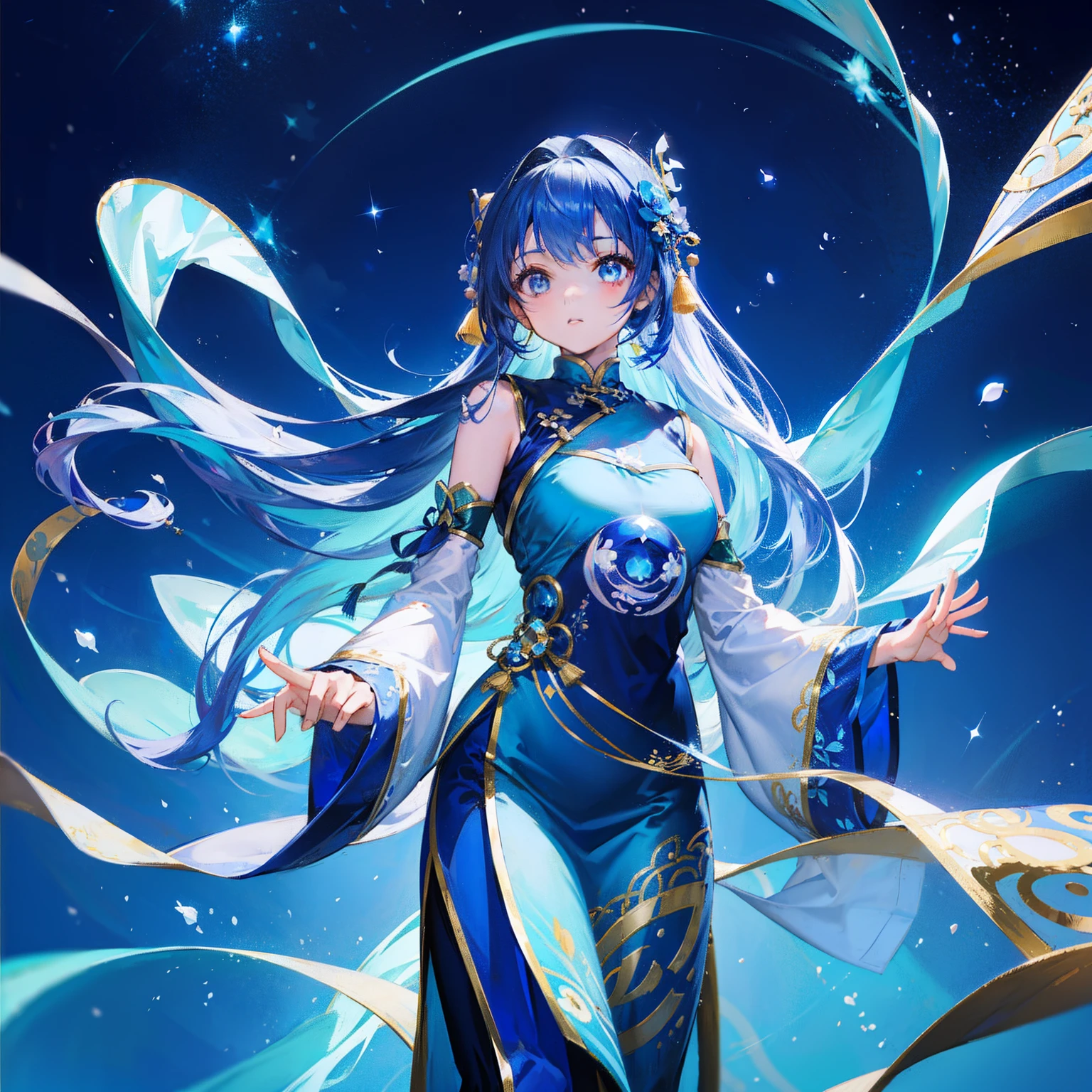 Cosmos field thin long blue straight hair
Wearing Chinese costume，for the background, Blue sora dotted against the background of a beautiful cosmos field，She's a beautiful person, cute type., Slender Petite Sweet Girl、Beauty
Adorable face、Lovely woman with cute eyes