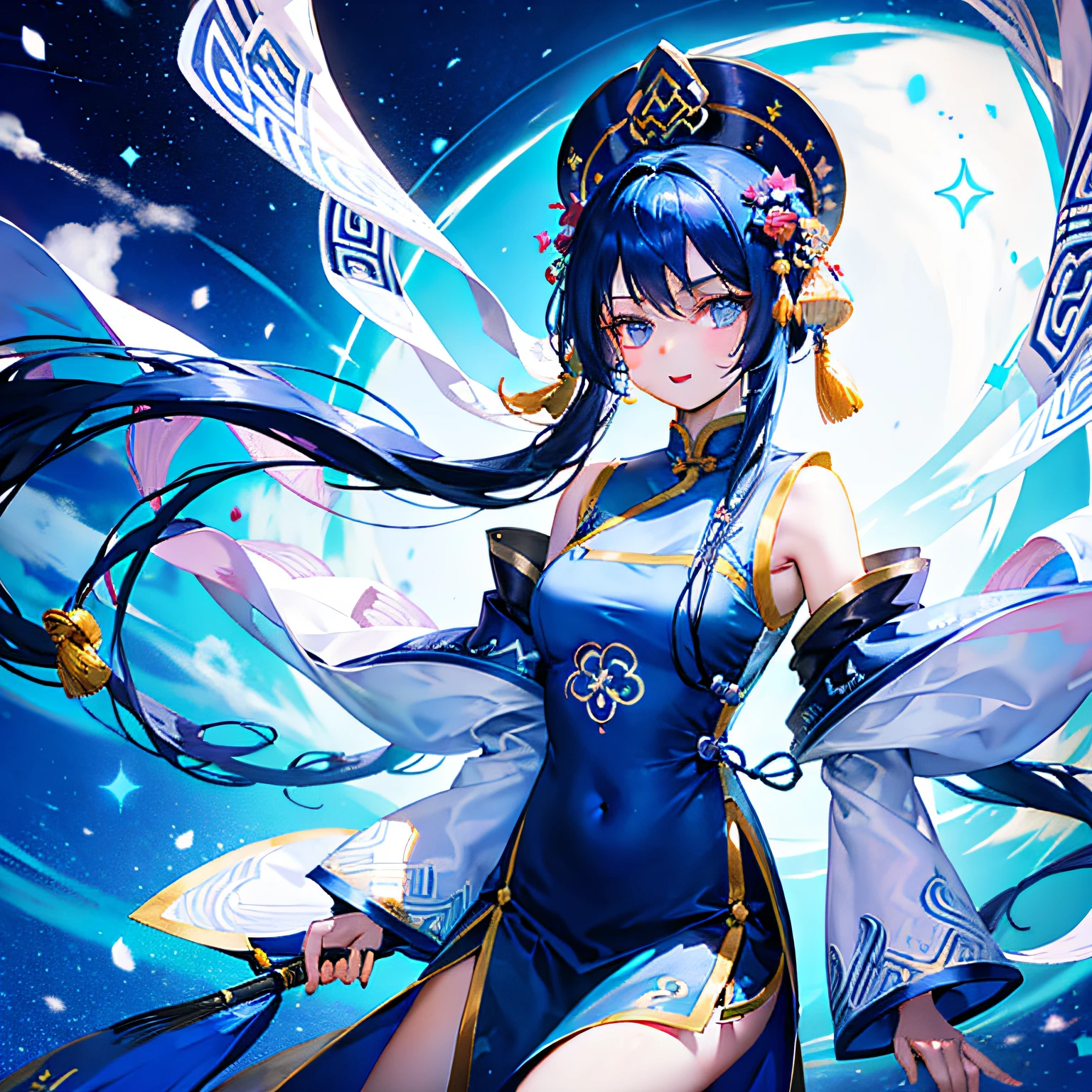 Cosmos field thin long blue straight hair
Wearing Chinese costume，for the background, Blue sora dotted against the background of a beautiful cosmos field，She's a beautiful person, cute type., Slender Petite Sweet Girl、Beauty
Adorable face、Lovely woman with cute eyes