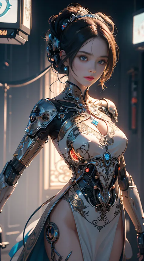 Beautiful young woman with intricate Art Nouveau design carved on her porcelain doll-like body. Embedded light-emitting cybernetic circuitry, Vibrant, realistic eyes looking at the camera. 50 millimeters, High contrast, Clean,vibrant, high resolution, Front and section views, Close up, 4K, 3d octane render, Cinematic lighting, Dynamic, Ray tracing,(extremely detailed CG unity 16k wallpaper:1.1), (Denoising strength: 1.45), (tmasterpiece:1.37), (colorful:1.2)