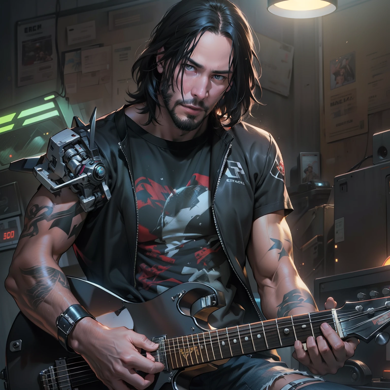 A man with long hair and tattoos playing a guitar - SeaArt AI