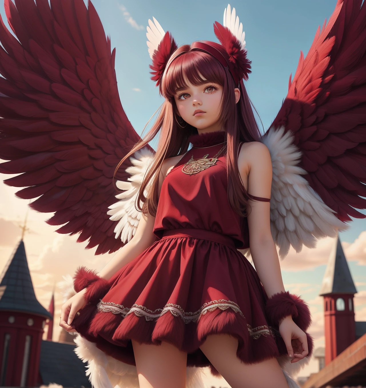 FurryStyle Maroon teen girl wearing a pair of oversized feathered angel wings