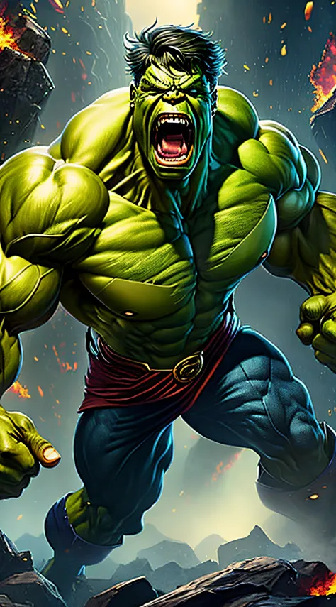 (extremely detailed CG unity 16k wallpaper:1.1), (Denoising strength: 1.45), (tmasterpiece:1.37)Full body shot of the Hulk in Marvel Comics, Angry expression! nice and perfect face，Soft skin, Beautiful, mature and perfect face, Concept art portrait by Greg...