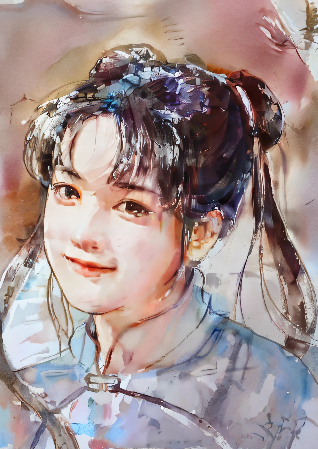 A painting of a young girl with a ponytail in a blue dress - SeaArt AI